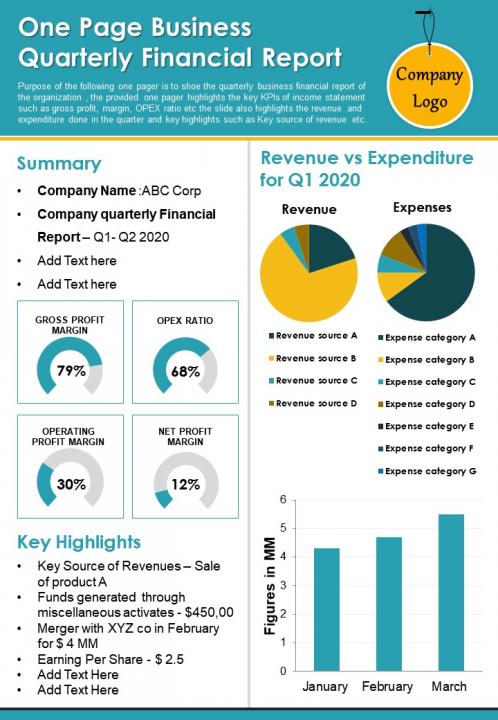 One page business quarterly financial report presentation report infographic ppt pdf document Slide01