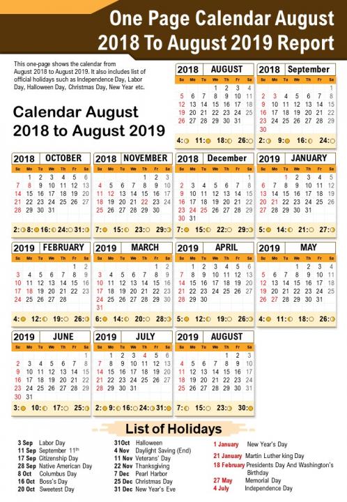 One page calendar august 2018 to august 2019 report presentation report infographic ppt pdf document Slide01