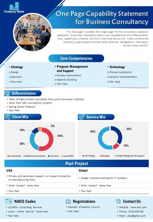 One Page Capability Statement For Business Consultancy Presentation Report Infographic Ppt Pdf Document