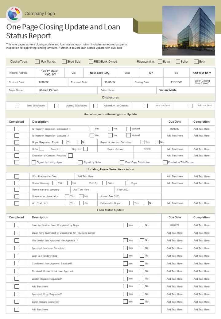 One Page Closing Update And Loan Status Report Presentation Infographic