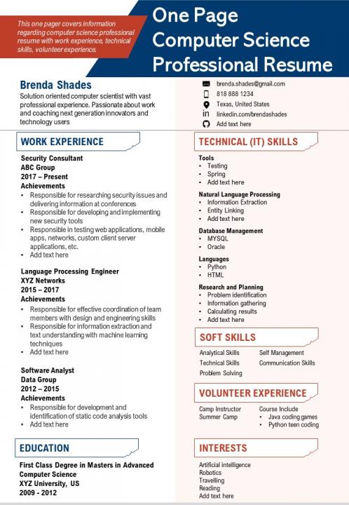 One page computer science professional resume presentation report infographic ppt pdf document Slide01