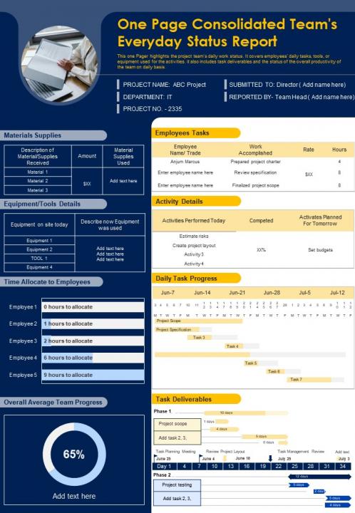 One page consolidated teams everyday status report presentation infographic ppt pdf document Slide01