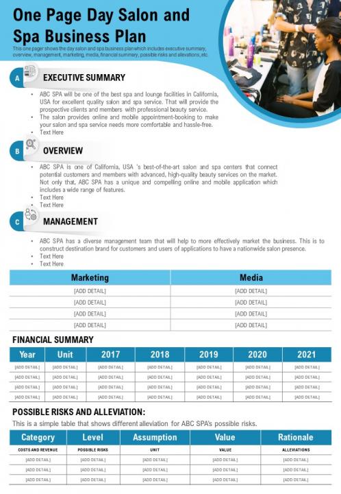 One Page Day Salon And Spa Business Plan Presentation Report Infographic PPT PDF Document | Presentation Graphics | Presentation PowerPoint Example | Slide Templates
