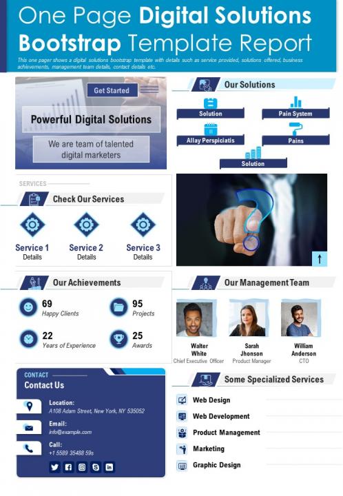 One page digital solutions bootstrap template report presentation report ppt pdf document Slide01