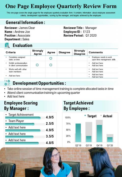 One page employee quarterly review form presentation report infographic ppt pdf document Slide01