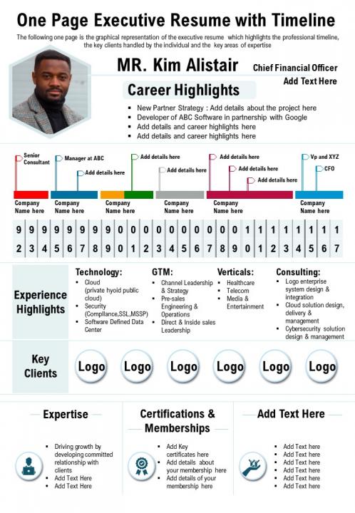 One page executive resume with timeline presentation report infographic ppt pdf document Slide01