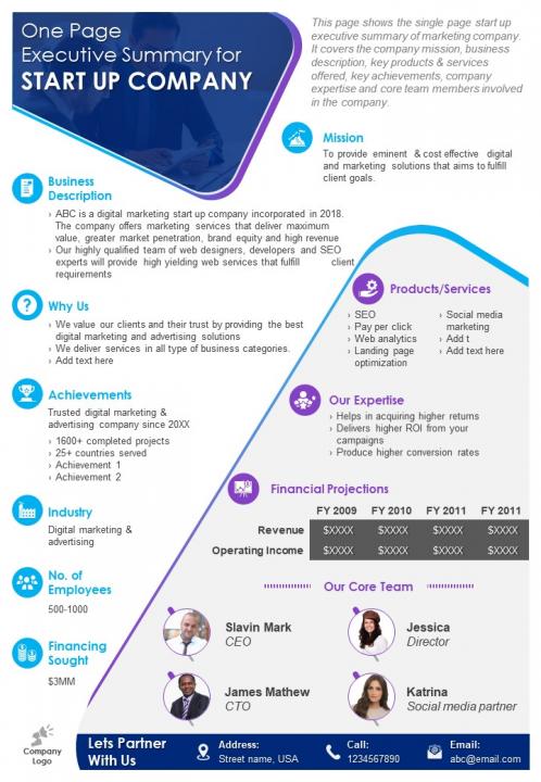 One page executive summary for start up company presentation report infographic ppt pdf document Slide01