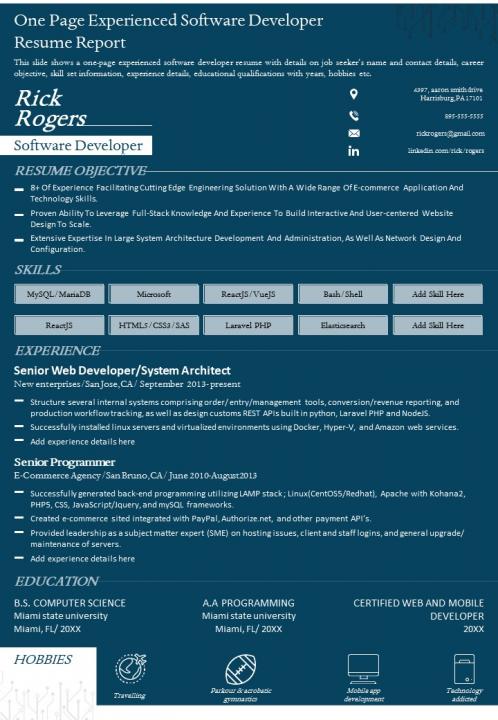 One Page Experienced Software Developer Resume Report Presentation ...