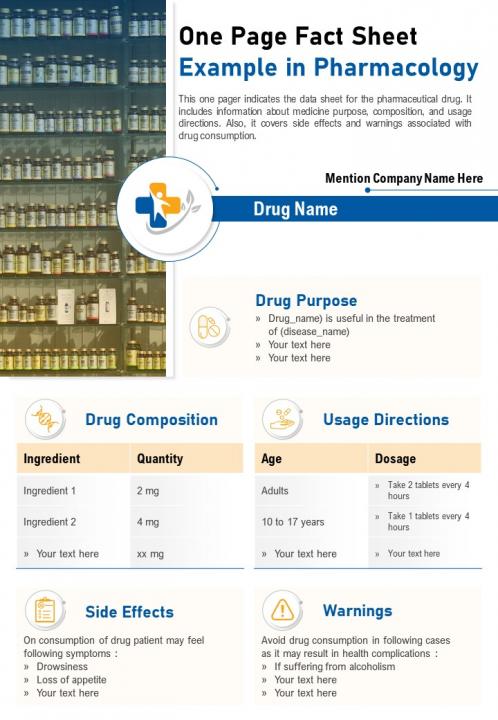 One page fact sheet example in pharmacology presentation report infographic ppt pdf document Slide01