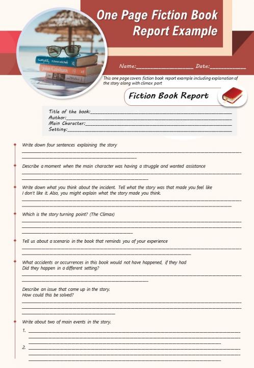 One page fiction book report example presentation report infographic ppt pdf document Slide01