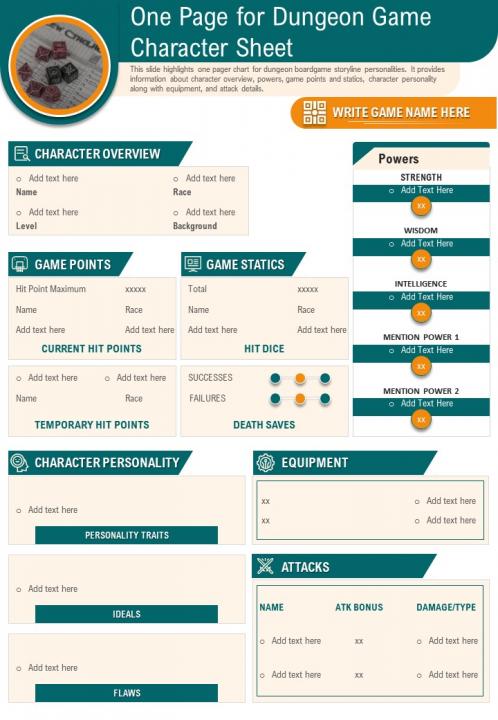 One Page For Dungeon Game Character Sheet Presentation Report Infographic Ppt Pdf Document Presentation Graphics Presentation Powerpoint Example Slide Templates