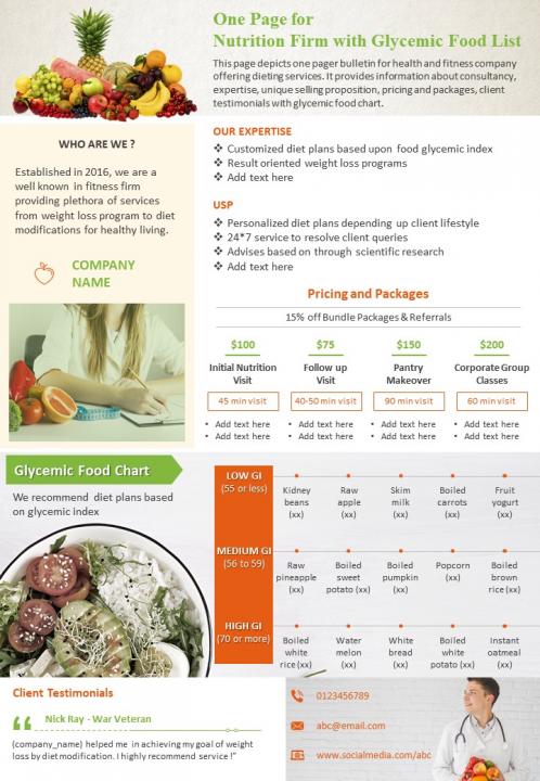 One page for nutrition firm with glycemic food list presentation report infographic ppt pdf document Slide01