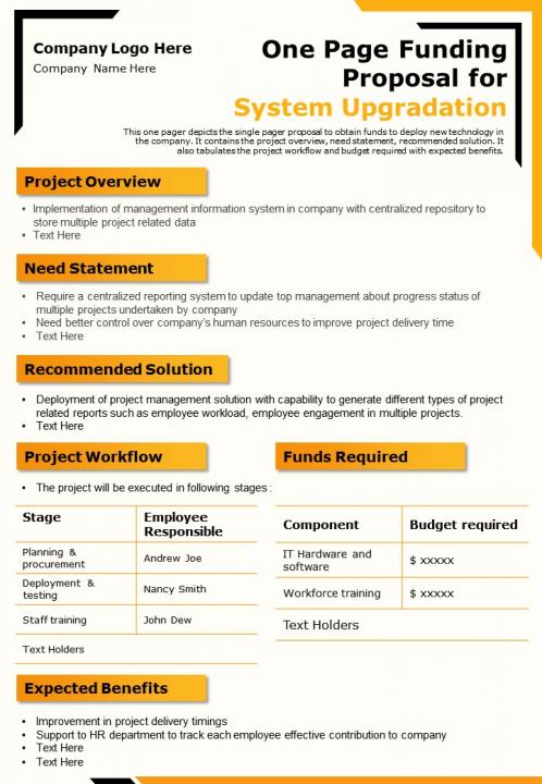 One page funding proposal for system upgradation presentation report infographic ppt pdf document Slide01