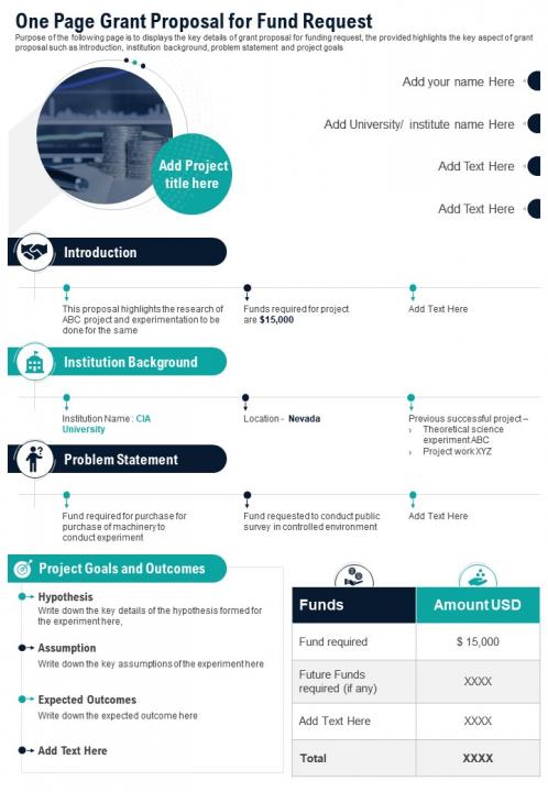 One Page Grant Proposal For Fund Request Presentation Report 
