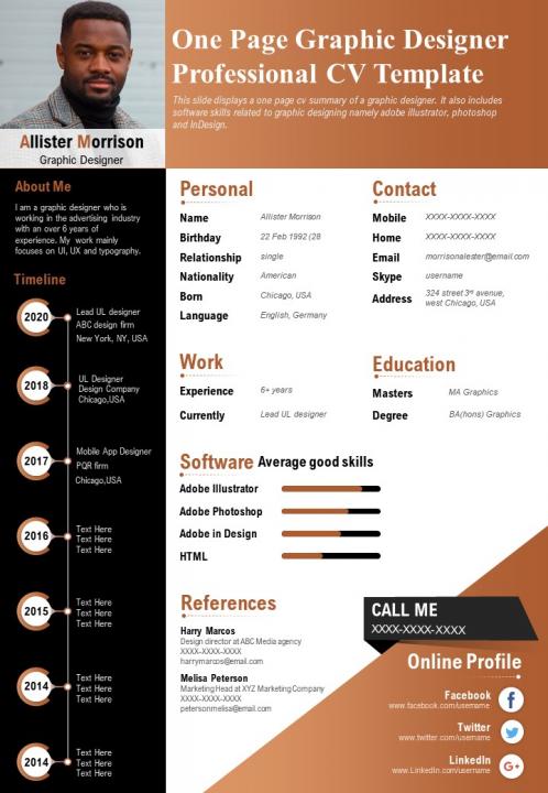 One page graphic designer professional cv template presentation report infographic ppt pdf document Slide01