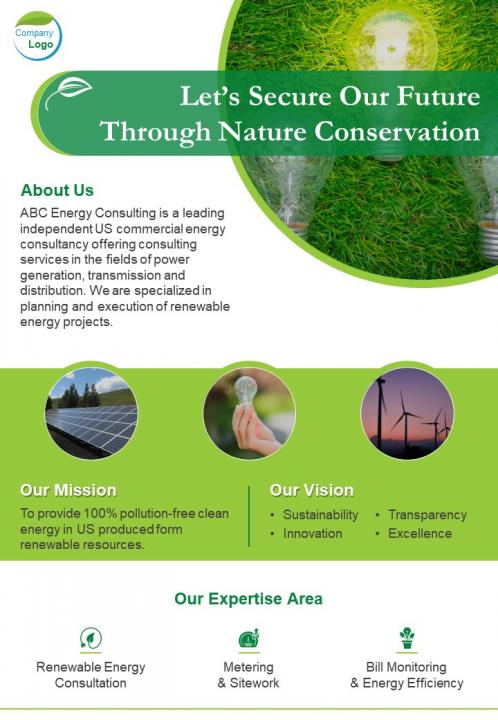 One page green energy consultant brochure template Slide01