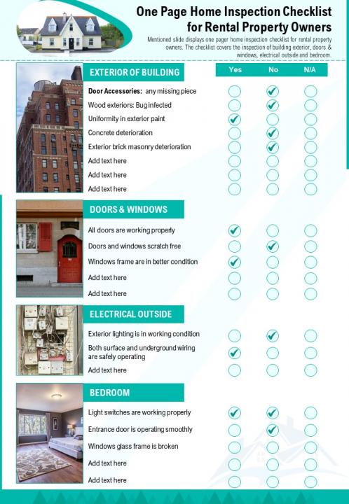 One page home inspection checklist for rental property owners presentation report infographic ppt pdf document Slide01