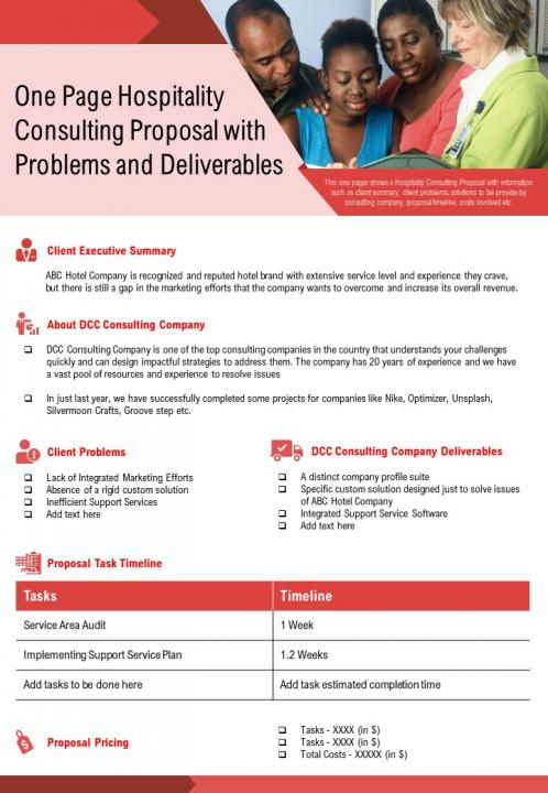 One page hospitality consulting proposal with problems and deliverables report infographic ppt pdf document Slide01