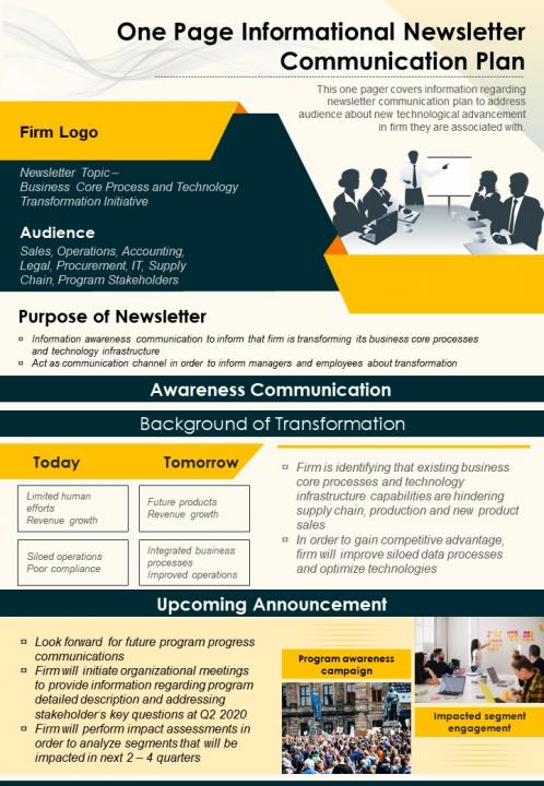 One page informational newsletter communication plan presentation report infographic ppt pdf document Slide01