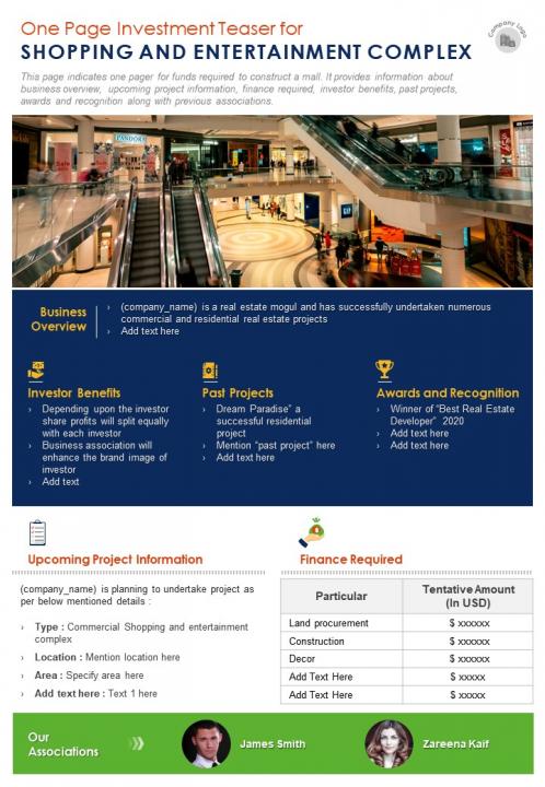 One page investment teaser for shopping and entrainment complex presentation report infographic ppt pdf document Slide01