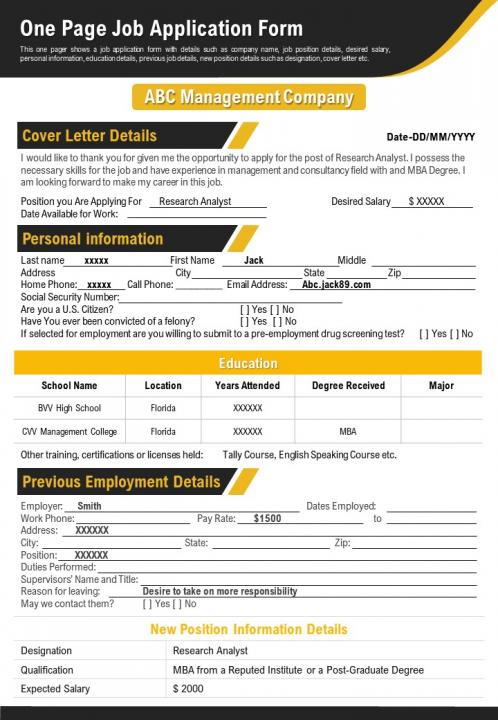 One Page Job Application Form Presentation Report Infographic PPT PDF