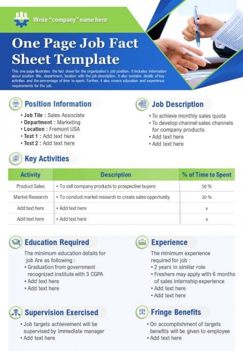 One page job fact sheet template presentation report infographic ppt pdf document Slide01