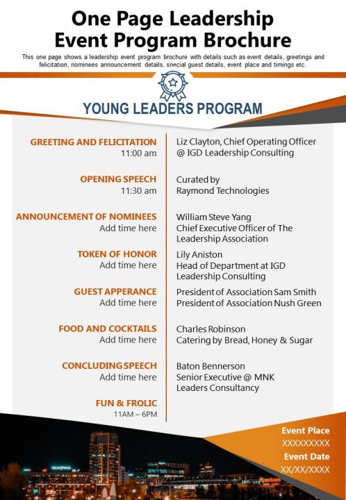One page leadership event program brochure presentation report infographic ppt pdf document Slide01