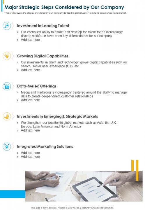 One page major strategic steps considered by our company presentation report infographic ppt pdf document