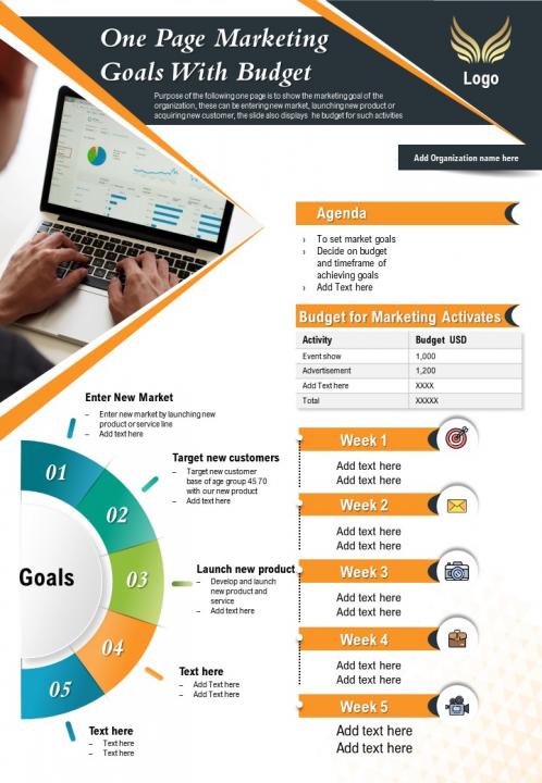 One page marketing goals with budget presentation report infographic ppt pdf document Slide01