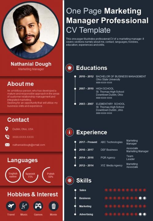 One page marketing manager professional cv template presentation report infographic ppt pdf document Slide01