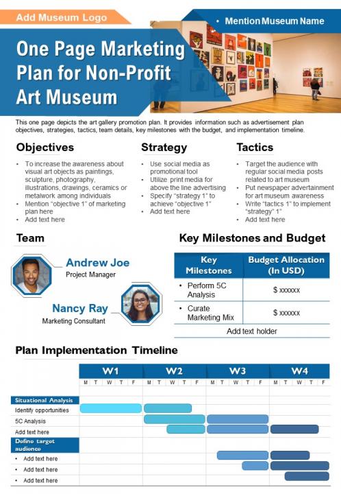 One page marketing plan for non profit art museum presentation report infographic ppt pdf document Slide01