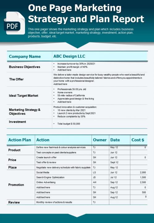 One page marketing strategy and plan report presentation report infographic ppt pdf document Slide01