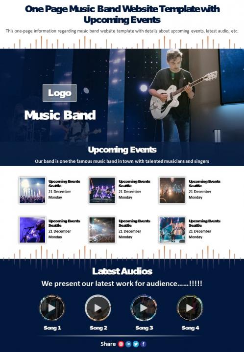 One page music band website template with upcoming events presentation report infographic ppt pdf document Slide01