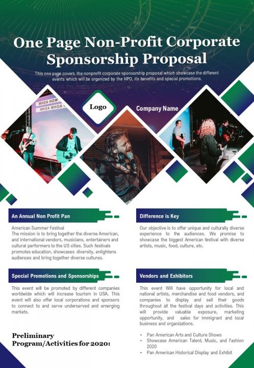 One page non profit corporate sponsorship proposal presentation report infographic ppt pdf document Slide01
