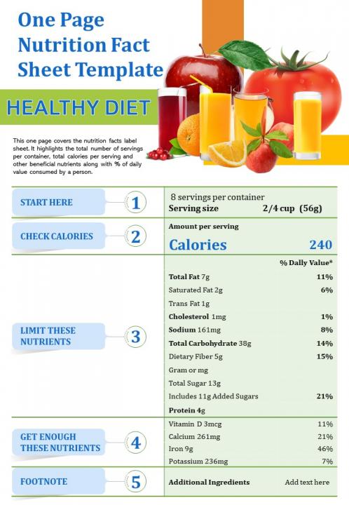 One Page Nutrition Fact Sheet Template Presentation Report Infographic ...