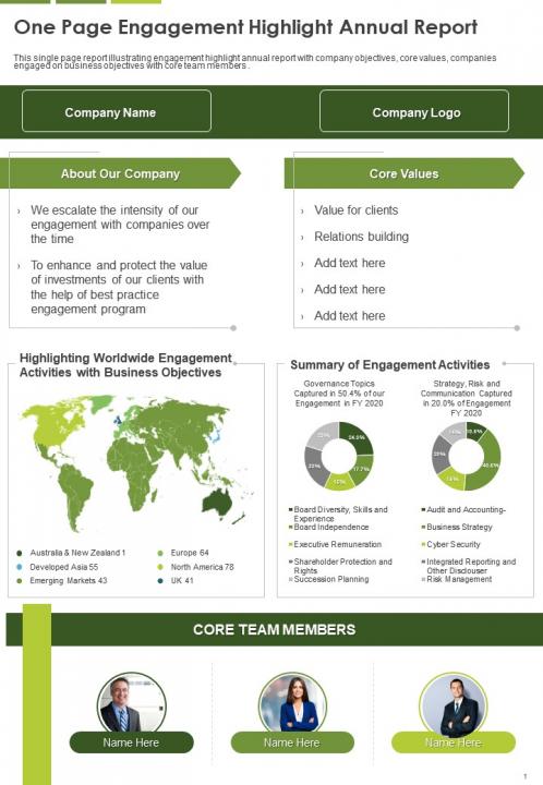 One Page One Page Engagement Highlight Annual Report Template 324 Presentation Report Infographic Ppt Pdf Document Slide01