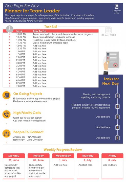 One page per day planner for team leader presentation report infographic ppt pdf document Slide01