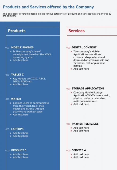 One page products and services offered by the company infographic ppt pdf document Slide01