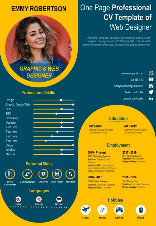 One page professional cv template of web designer presentation report infographic ppt pdf document Slide01