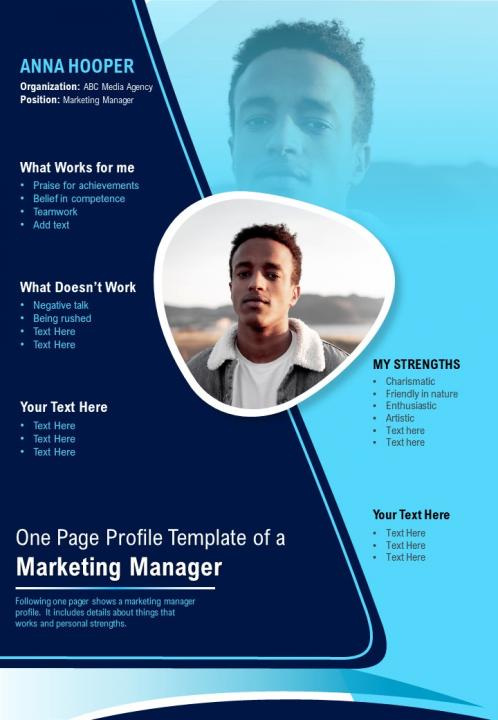 One page profile template of a marketing manager presentation report infographic ppt pdf document Slide01
