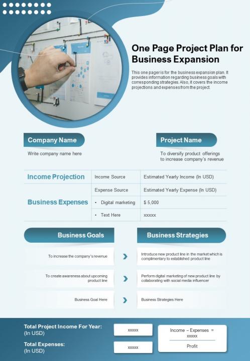 One page project plan for business expansion presentation report infographic ppt pdf document Slide01