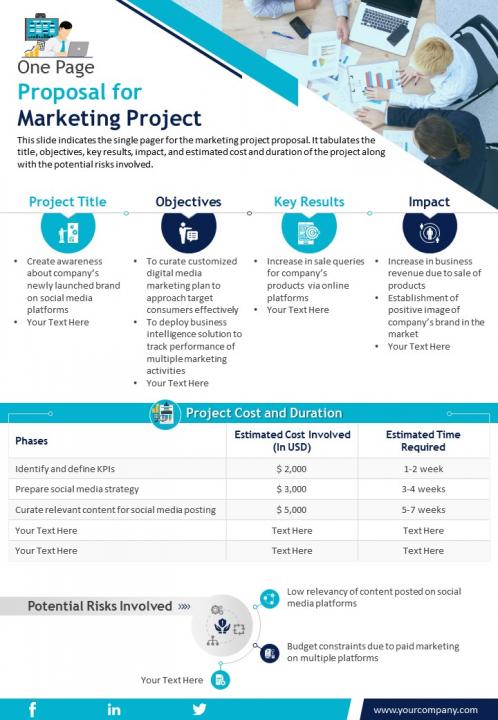 One page proposal for marketing project presentation report infographic ppt pdf document Slide01