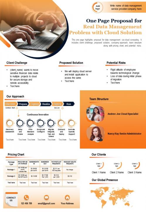 One page proposal for real data management problem with cloud solution report infographic ppt pdf document Slide01