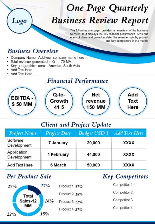 One page quarterly business review report presentation report infographic ppt pdf document Slide01