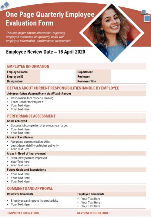 One page quarterly employee evaluation form presentation report ppt pdf document Slide01