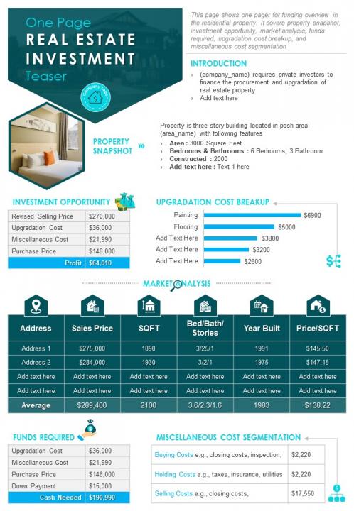 One page real estate investment teaser presentation report infographic ppt pdf document Slide01