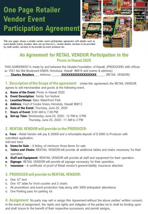 One page retailer vendor event participation agreement presentation report infographic ppt pdf document Slide01