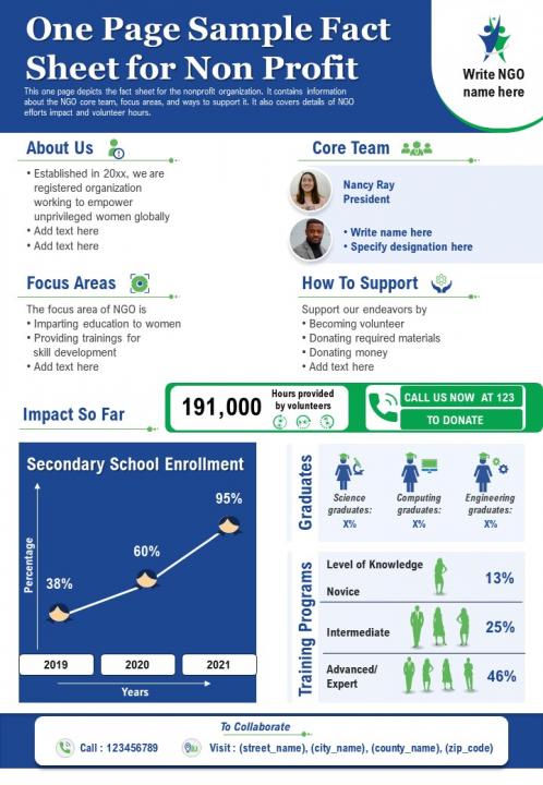 One page sample fact sheet for non profit presentation report infographic ppt pdf document Slide01