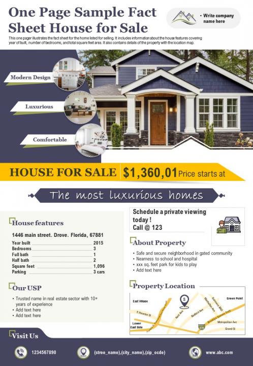 One page sample fact sheet house for sale presentation report infographic ppt pdf document Slide01