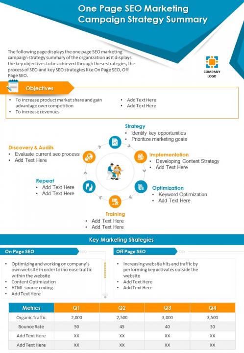 One page seo marketing campaign strategy summary presentation report infographic ppt pdf document Slide01
